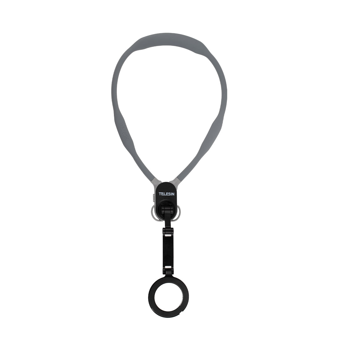 Magnetic smartphone neck holder with adjustable viewing angles for hands-free recording, livestreaming, content creation, and first-person video capture.