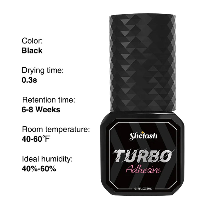 Shelash 0.3s Turbo Lash Glue, waterproof, 6-8 weeks retention, for professional lash artists.