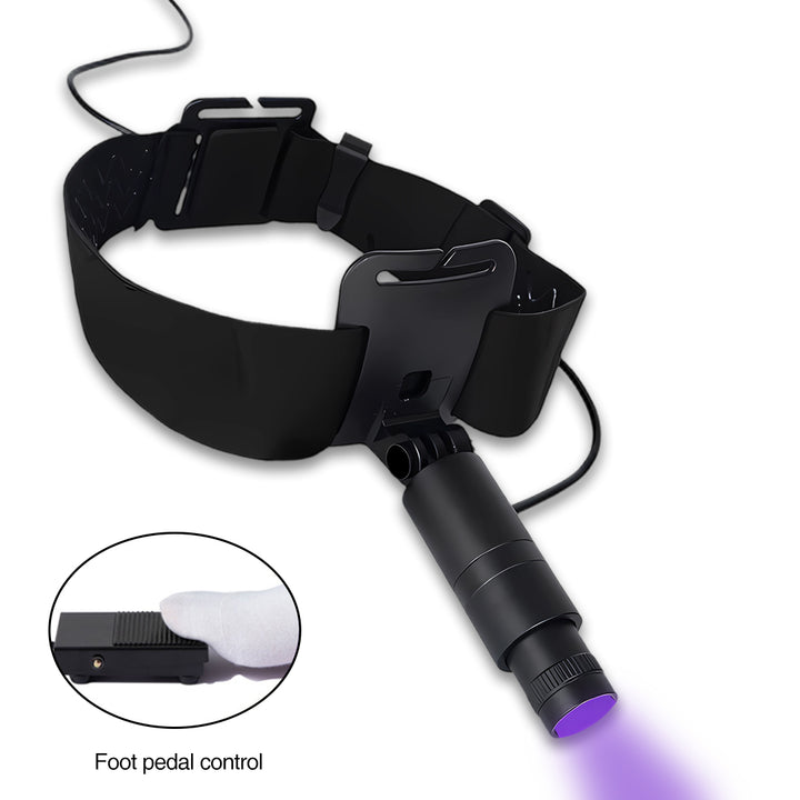 UV/LED headlamp with foot pedal hands-free curing, rotatable beam from spot to wide, dual-source for all adhesives, multi-intensity