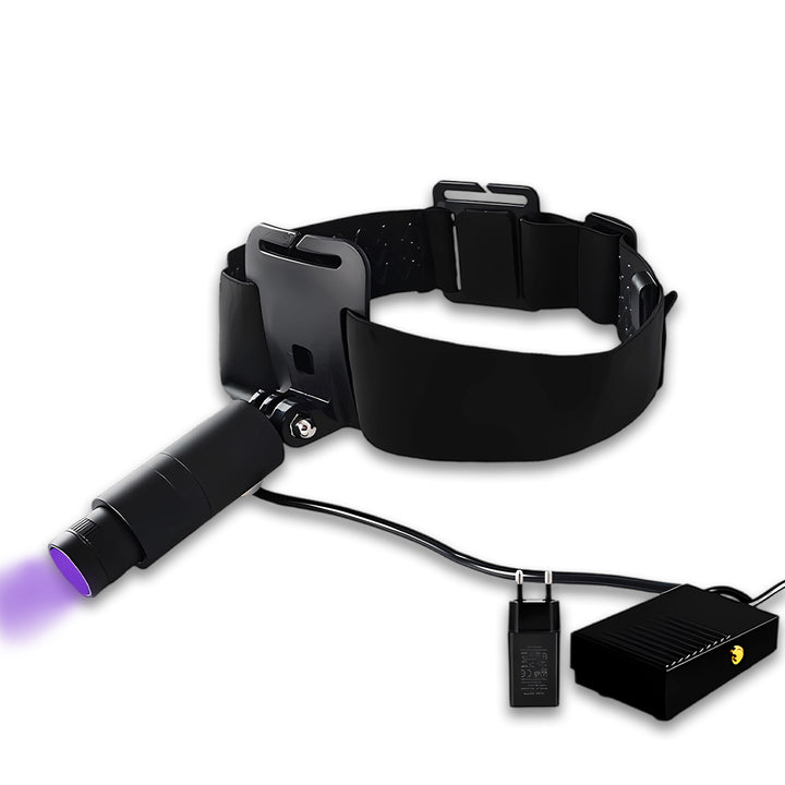 UV/LED headlamp with foot pedal hands-free curing, rotatable beam from spot to wide, dual-source for all adhesives, multi-intensity