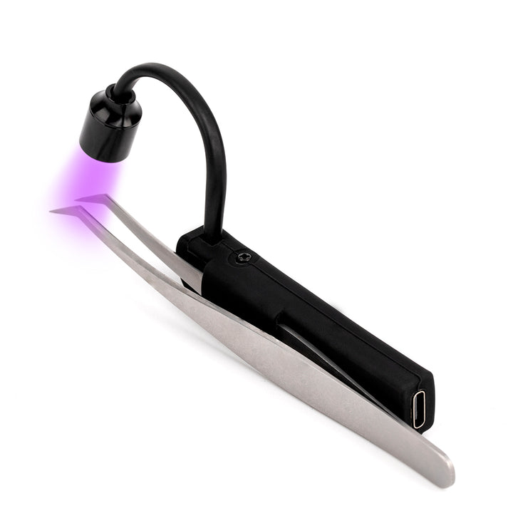 UV/LED tweezer lamp clips on, cures as you place. Adjustable beam for precise bonding, USB rechargeable.