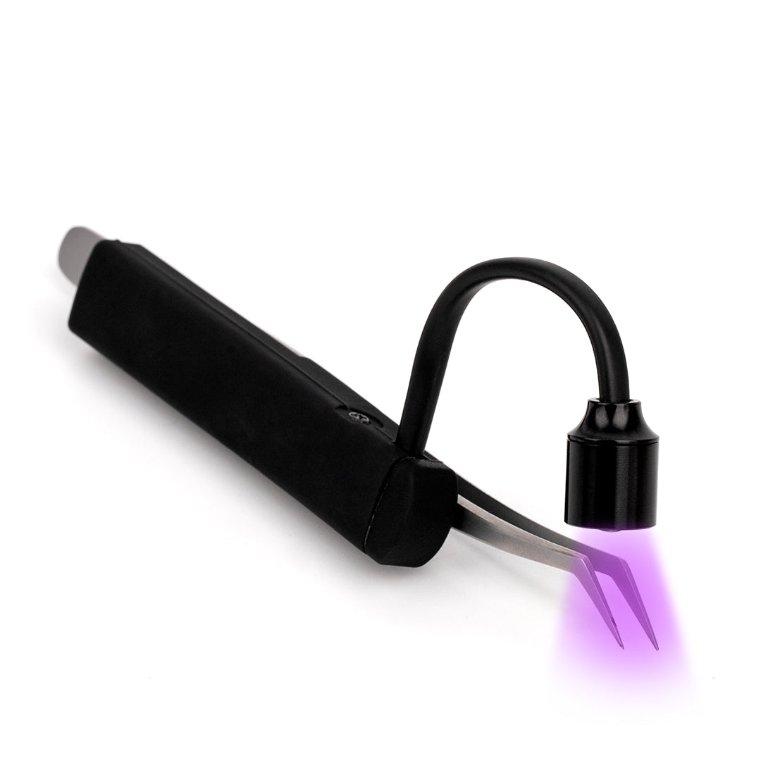 UV/LED tweezer lamp clips on, cures as you place. Adjustable beam for precise bonding, USB rechargeable.