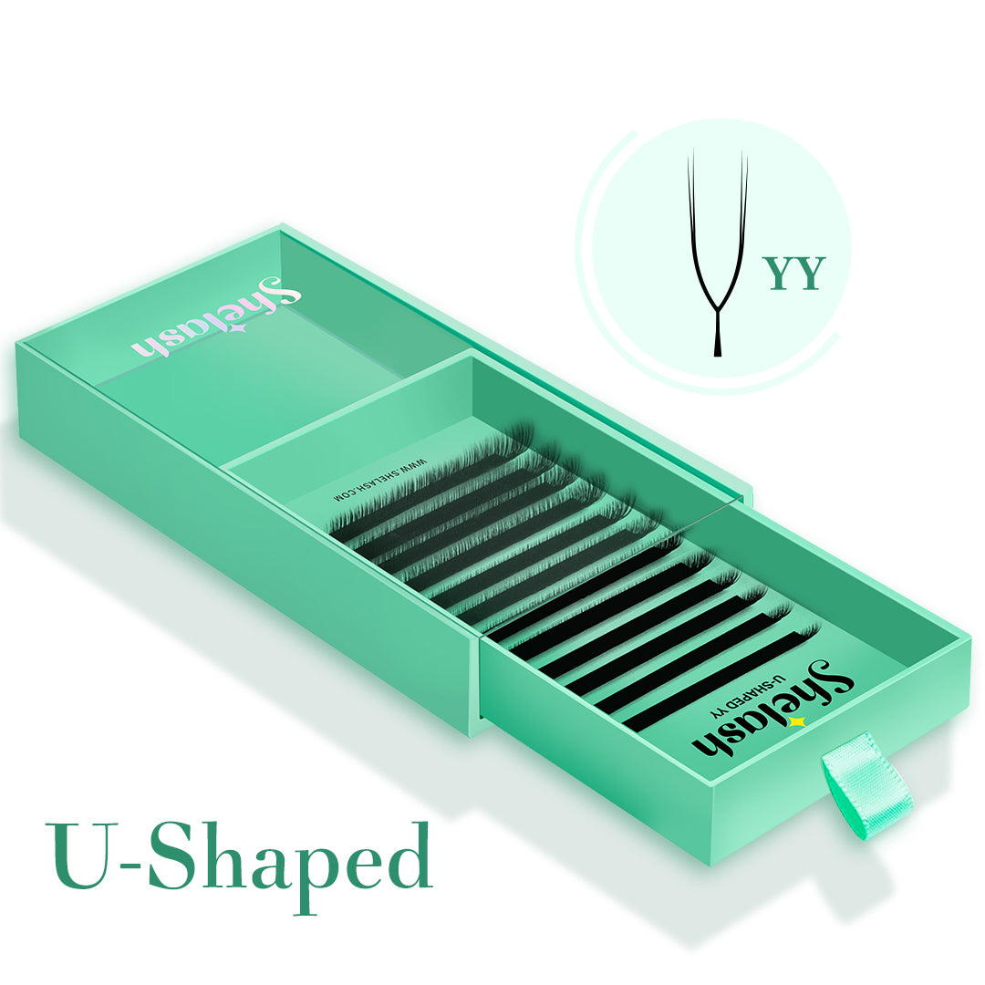 SHELASH U-Shape YY Lashes, matte black, U-base for strong hold, ideal for volume & sparse lash filling