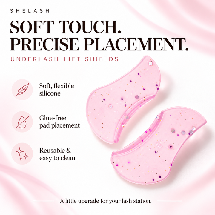 Two pink glitter underlash lift shields with curved anatomical edges, made from soft silicone for professional lower lash treatments.