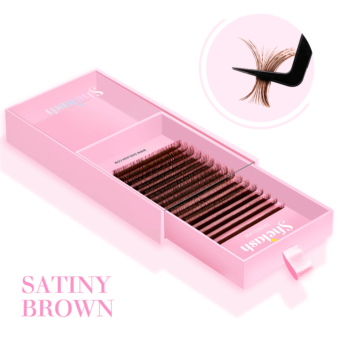 Shelash 0.07 Satiny Brown Lashes, Korean PBT, C/D curl, 8-15mm mixed, no blue tint, for professional lash extensions.