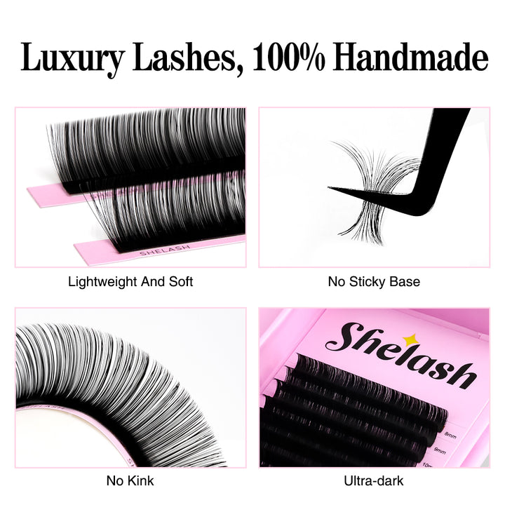 SHELASH 0.05mm Cashmere Lash Extensions, soft lightweight matte lashes for easy fanning & natural volume looks.