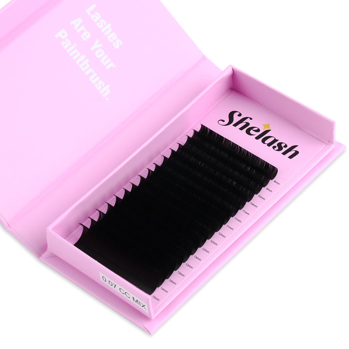 SHELASH 0.05mm Cashmere Lash Extensions, soft lightweight matte lashes for easy fanning & natural volume looks.