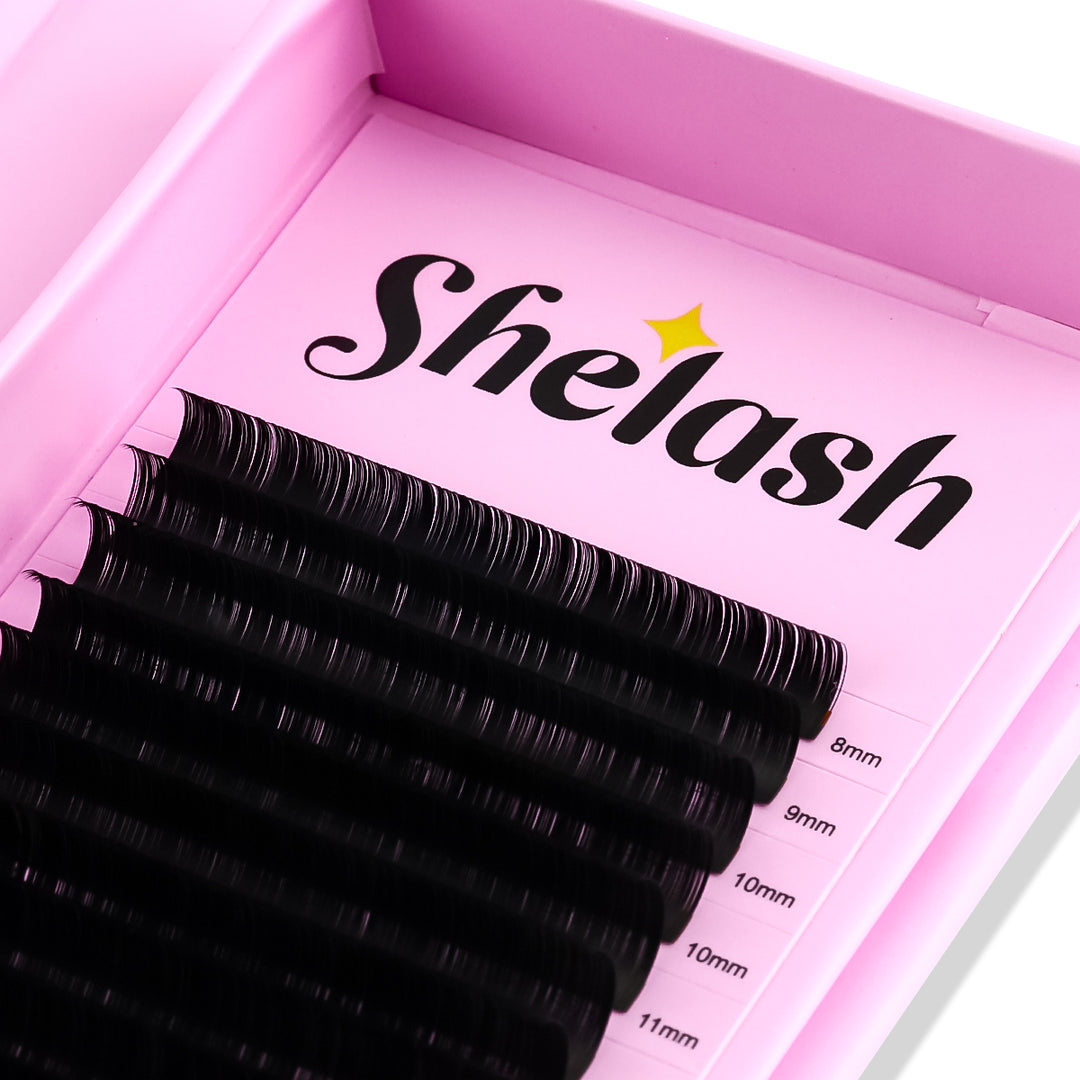 SHELASH 0.05mm Cashmere Lash Extensions, soft lightweight matte lashes for easy fanning & natural volume looks.