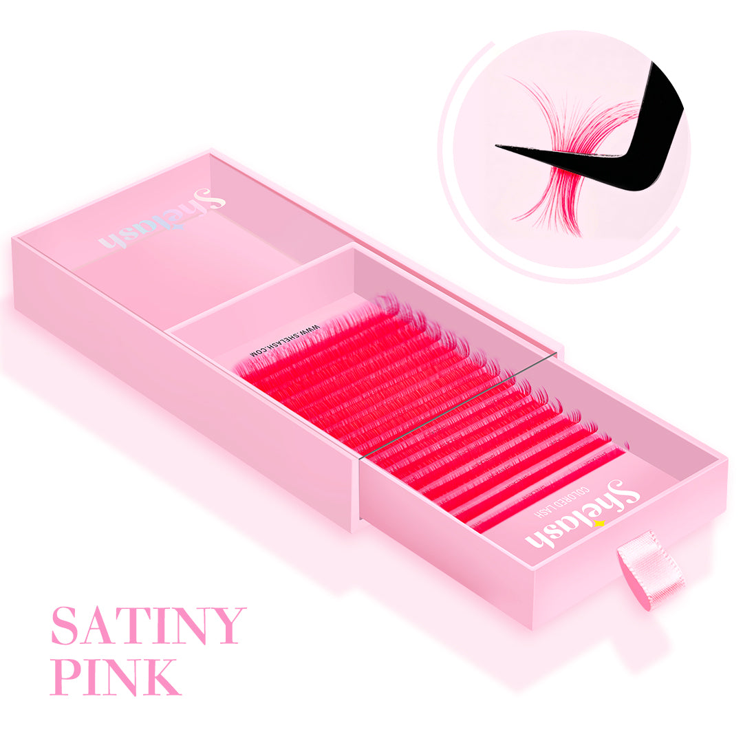 Shelash 0.07 Satiny Pink Lashes, Korean PBT, C/D curl, 8-15mm mixed, no blue tint, for professional lash extensions.