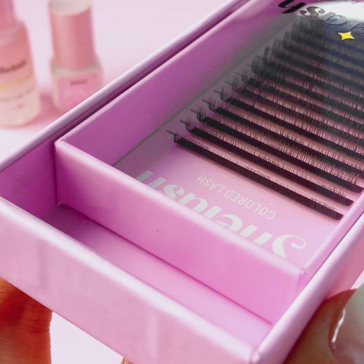 Shelash 0.07 Satiny Brown Lashes, Korean PBT, C/D curl, 8-15mm mixed, no blue tint, for professional lash extensions.