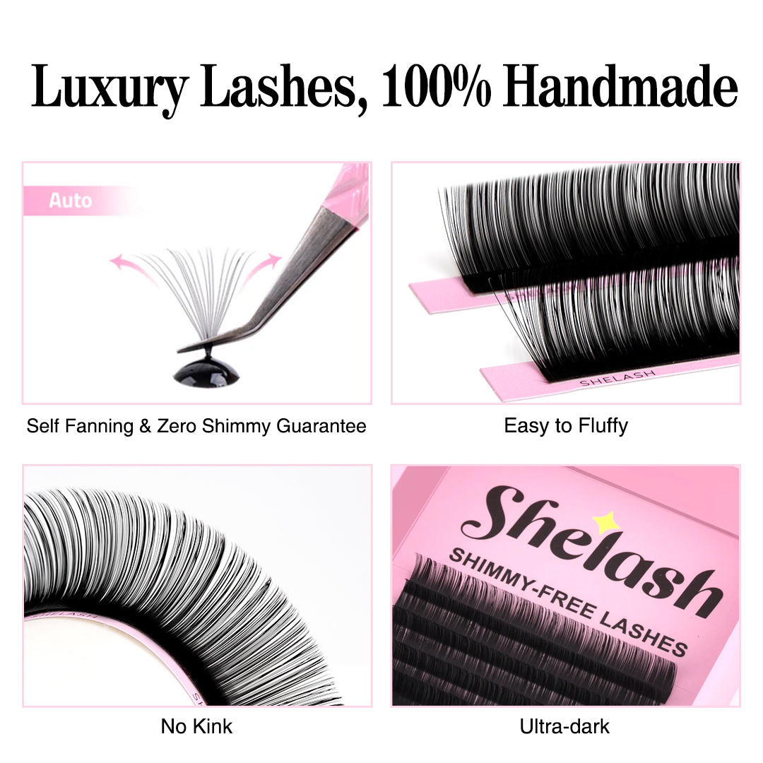 0.03mm matte black shimmy-free self-fanning lash extensions, ultra-light PBT