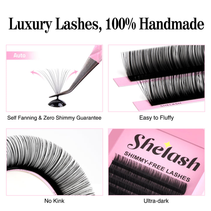 0.03mm matte black shimmy-free self-fanning lash extensions, ultra-light PBT