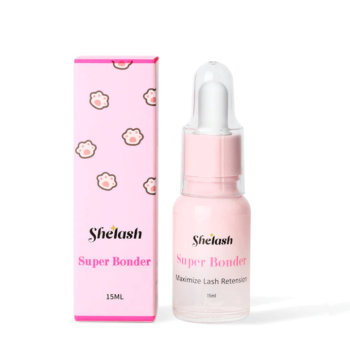 Shelash Super Bonder: 15ml pink lash extension accelerator & sealer boosts retention, waterproof, flexible, hypoallergenic for pro use.