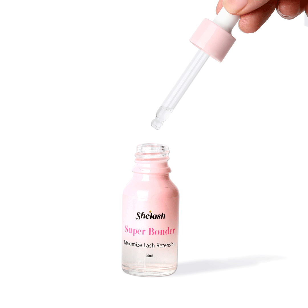 Shelash Super Bonder: 15ml pink lash extension accelerator & sealer boosts retention, waterproof, flexible, hypoallergenic for pro use.