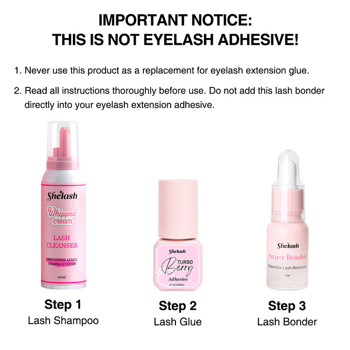 Shelash Super Bonder: 15ml pink lash extension accelerator & sealer boosts retention, waterproof, flexible, hypoallergenic for pro use.