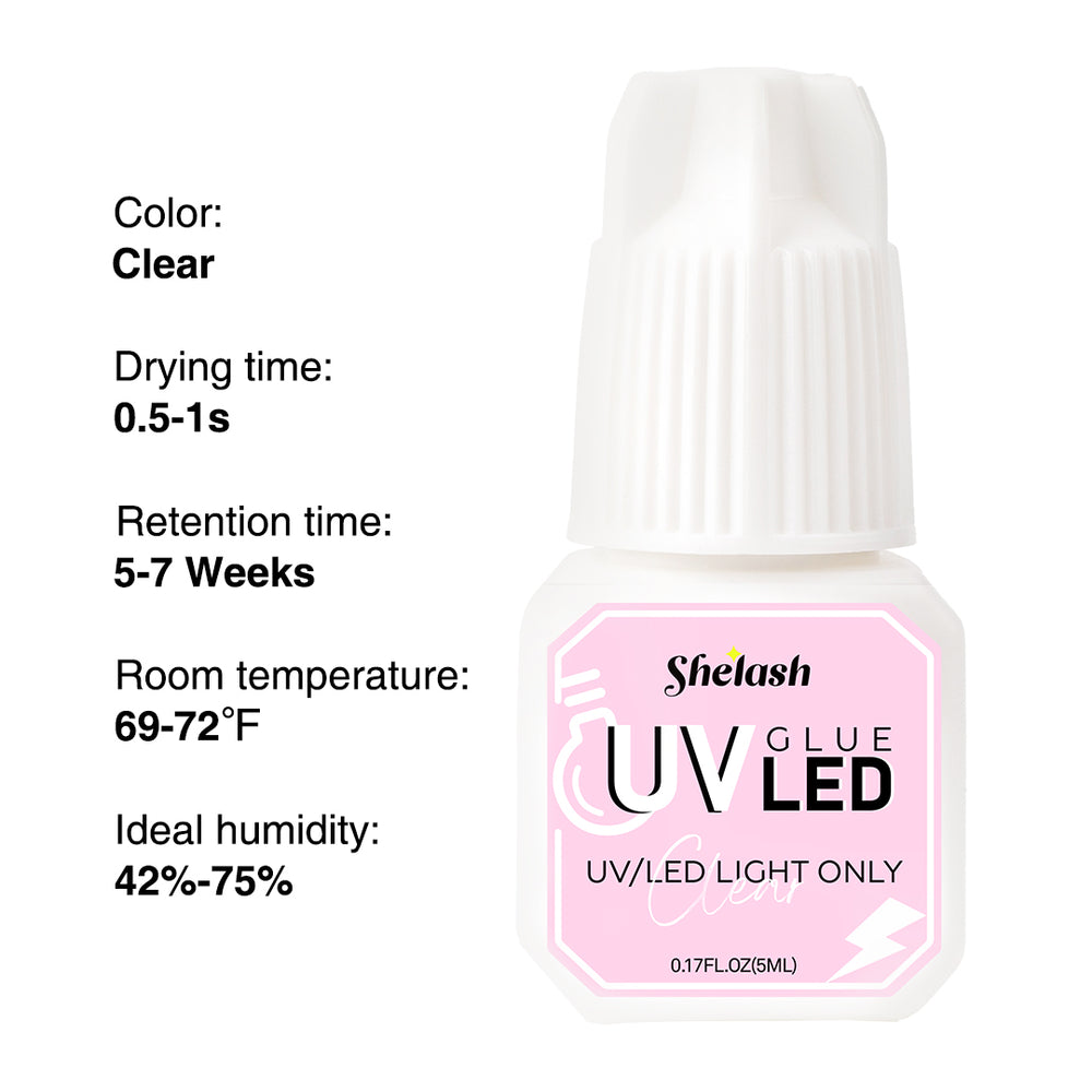 Shelash UV Lash Glue, 0.5-1s cure, gentle for sensitive eyes, for professional UV lash use.
