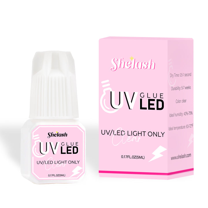 Shelash UV Lash Glue, 0.5-1s cure, gentle for sensitive eyes, for professional UV lash use.