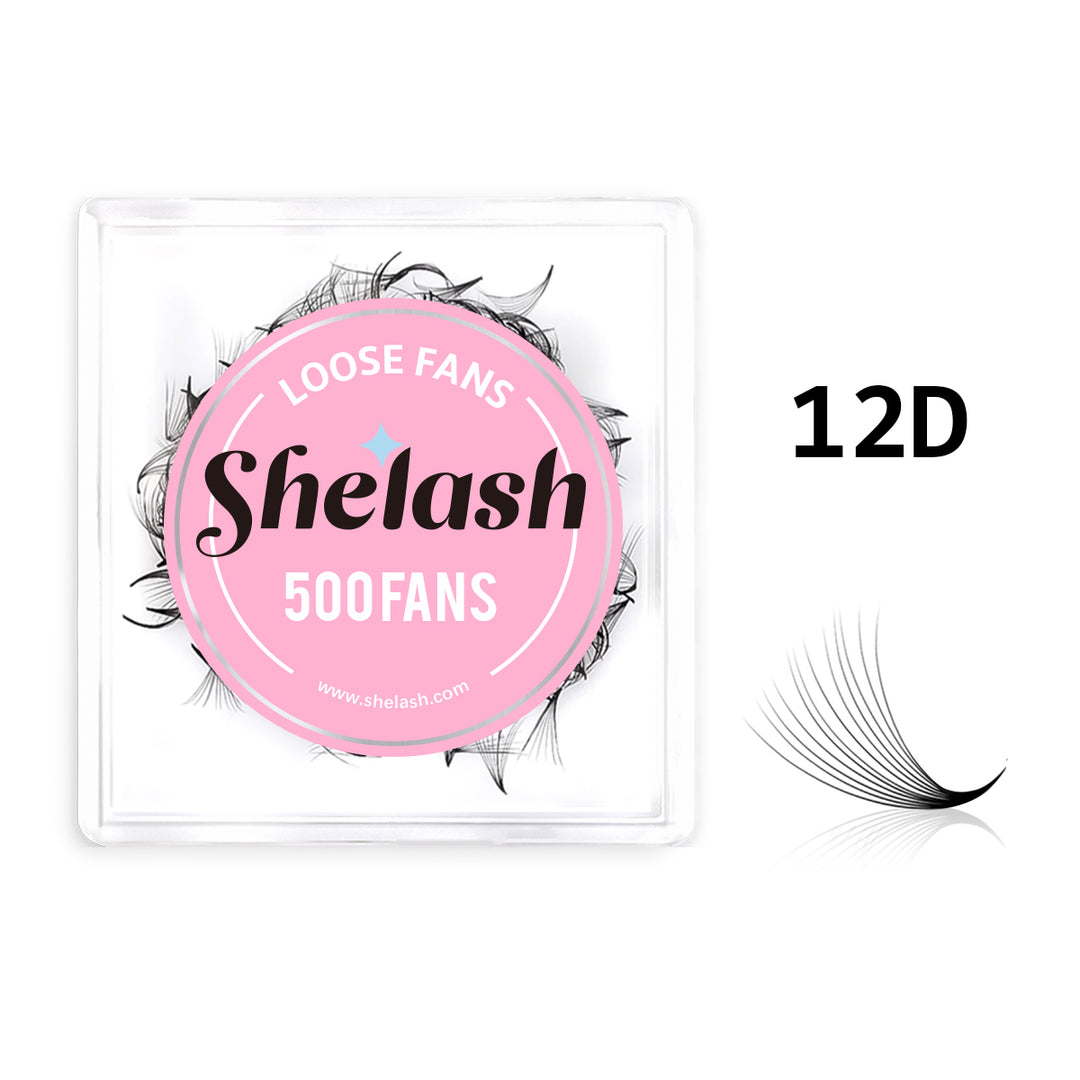 SHELASH 12D Pointy Base Premade Loose Fans, 500 fans, matte black, lightweight for natural mega volume lash extensions